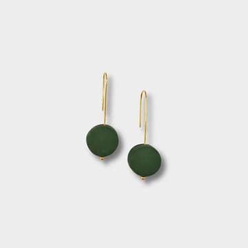 An elegant set of gold earrings with a moss green polymer clay bead
